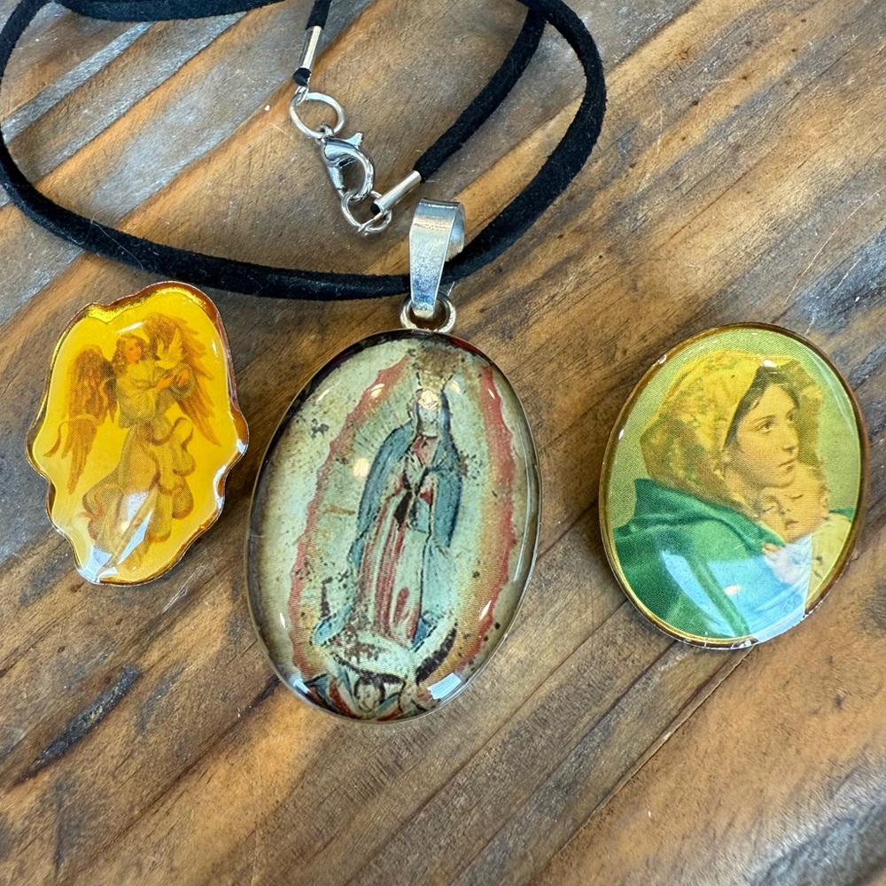 Lot of 3 Virgin Mary ~ Jesus ~ Angel Religious Pins & Pendant Necklace